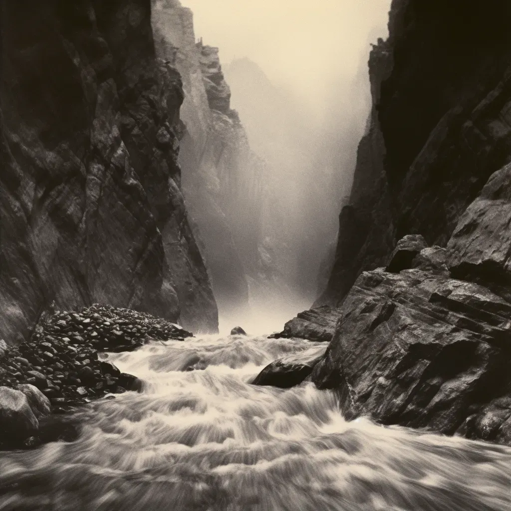 Illustration of a flash flood sweeping through a narrow canyon with water rushing over rocks. - Image 2