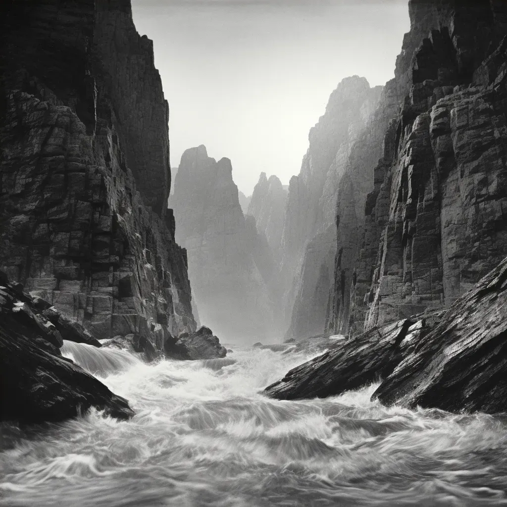 Illustration of a flash flood sweeping through a narrow canyon with water rushing over rocks. - Image 4