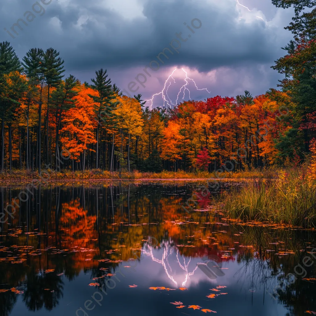 Thunderstorm with vivid lightning over an autumn forest. - Image 3