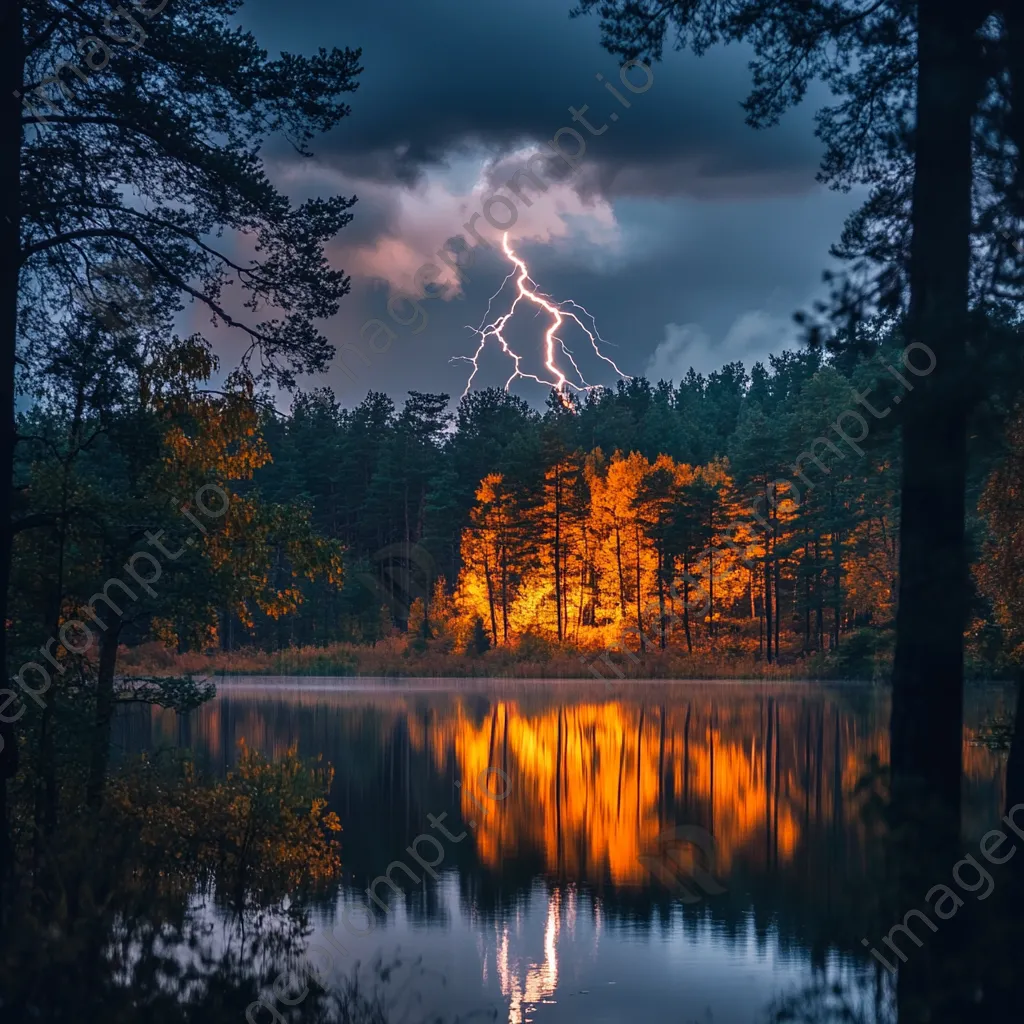 Thunderstorm with vivid lightning over an autumn forest. - Image 4