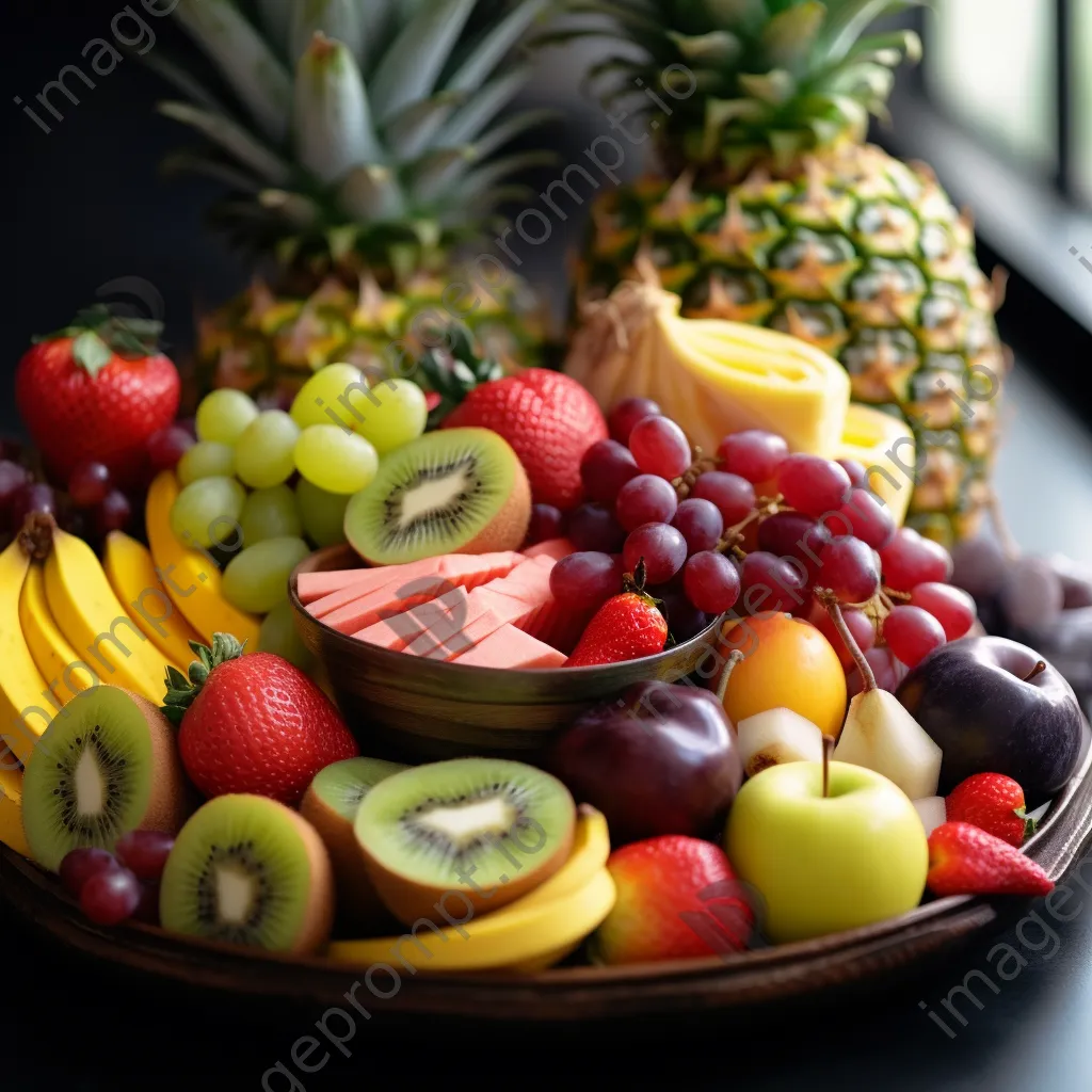 A vibrant platter of assorted fresh fruits arranged with tropical leaves. - Image 1