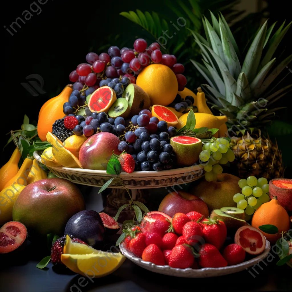 A vibrant platter of assorted fresh fruits arranged with tropical leaves. - Image 2