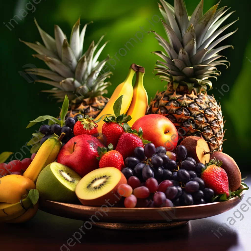 A vibrant platter of assorted fresh fruits arranged with tropical leaves. - Image 4