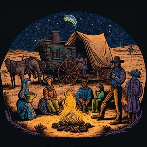 Pioneers gathered around a campfire on the Oregon Trail facing adversity - Image 1