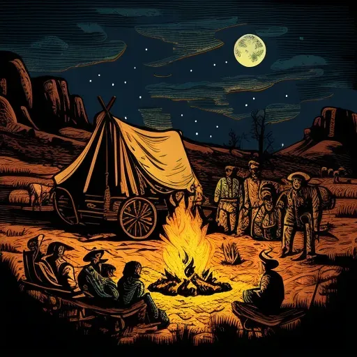 Pioneers gathered around a campfire on the Oregon Trail facing adversity - Image 2