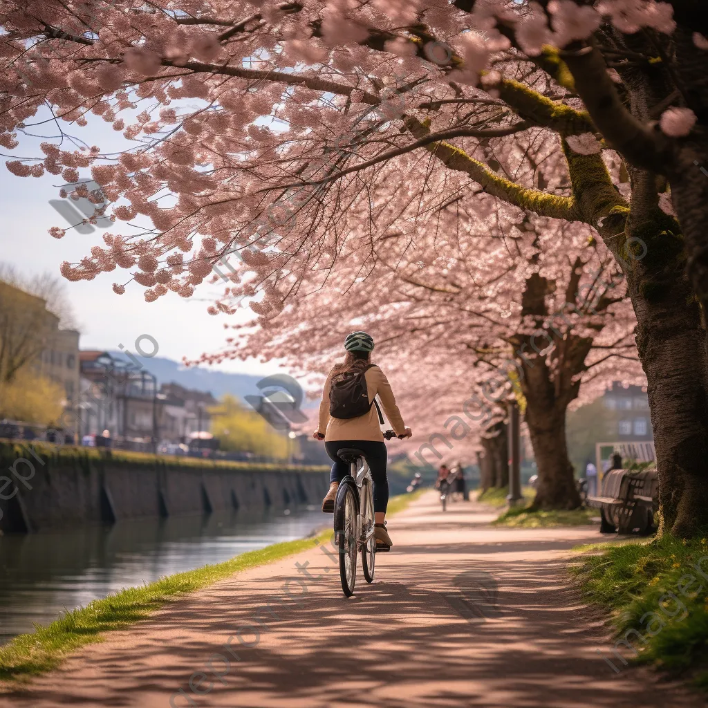 Cyclist riding along a riverside path with cherry blossoms - Image 1