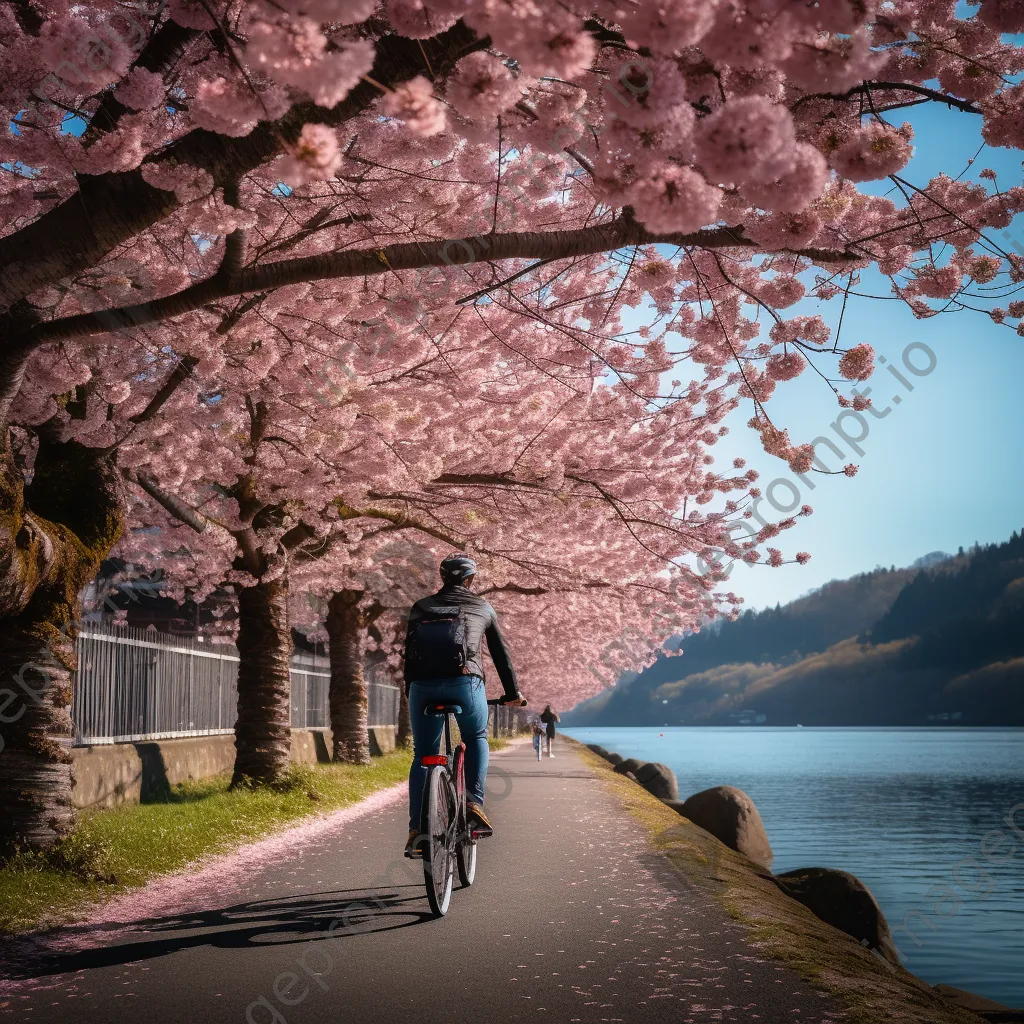 Cyclist riding along a riverside path with cherry blossoms - Image 2