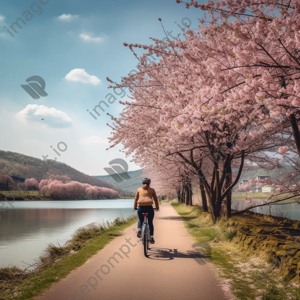 Cyclist riding along a riverside path with cherry blossoms - Image 3