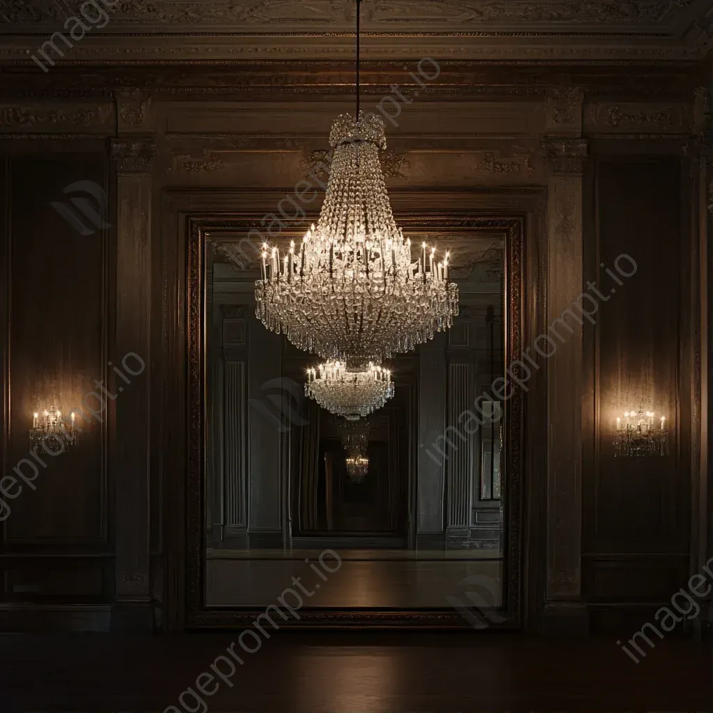 Artwork of a grand ballroom with an elaborate chandelier reflecting in an antique mirror - Image 1