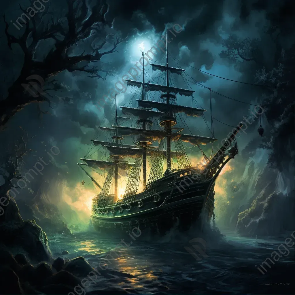 Ethereal Victorian-era ghost ship helmed by phantom crew amid twilight - Image 1