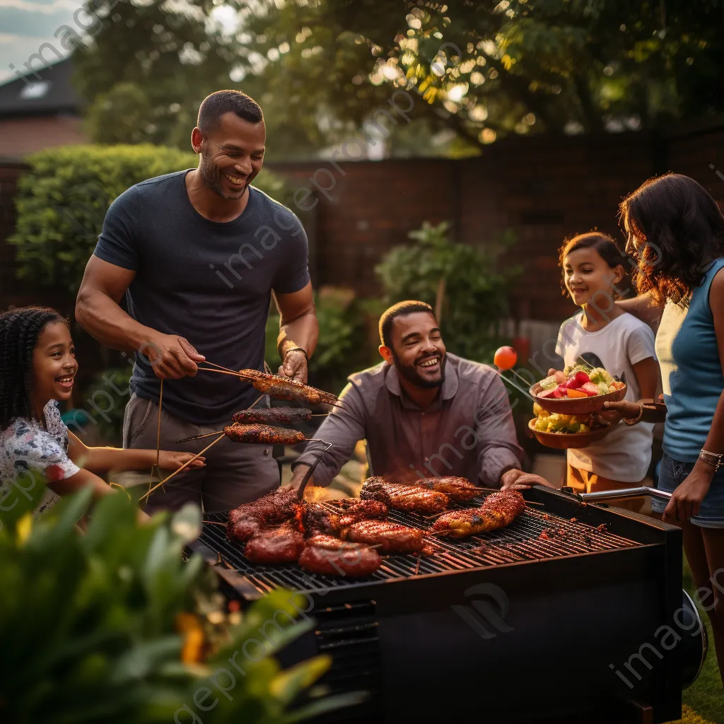 Family enjoying a backyard barbecue with a smoky grill - Image 2