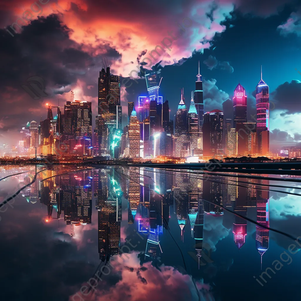 Futuristic skyline illuminated by colorful neon lights at dusk - Image 1