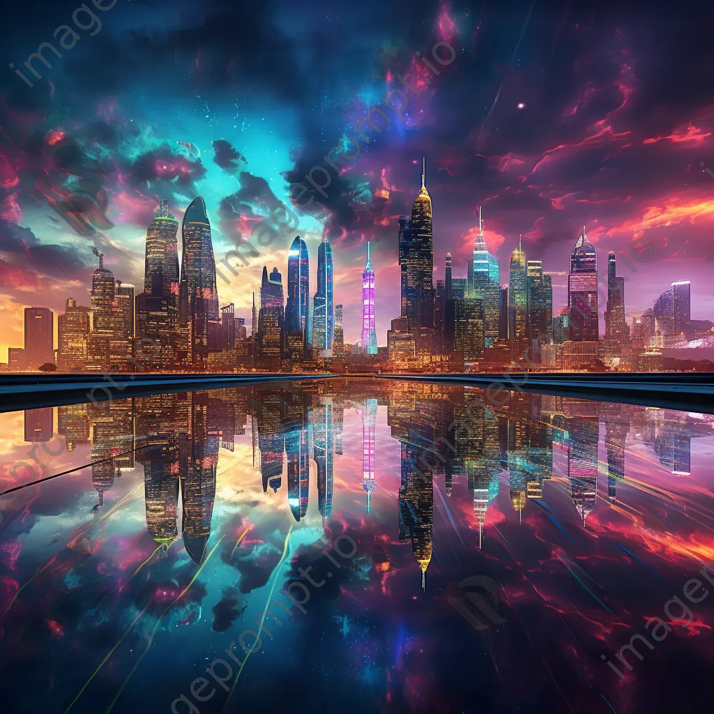 Futuristic skyline illuminated by colorful neon lights at dusk - Image 2