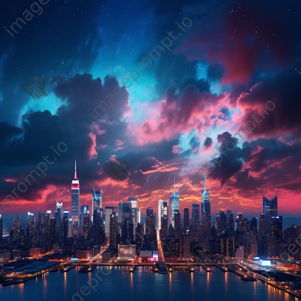 Futuristic skyline illuminated by colorful neon lights at dusk - Image 3