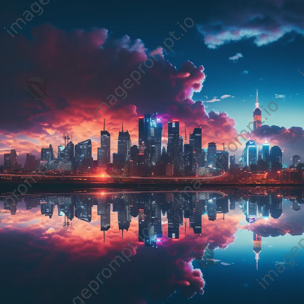 Futuristic skyline illuminated by colorful neon lights at dusk - Image 4