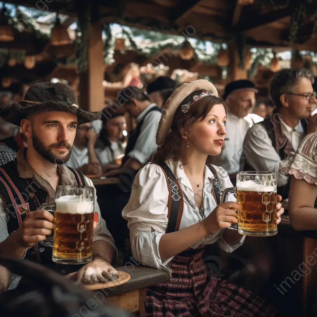 Oktoberfest gathering with traditional attire, beer steins, and pretzels - Image 1