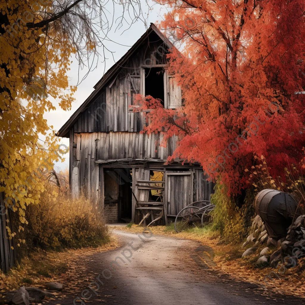 Old wooden barn with autumn foliage - Image 1