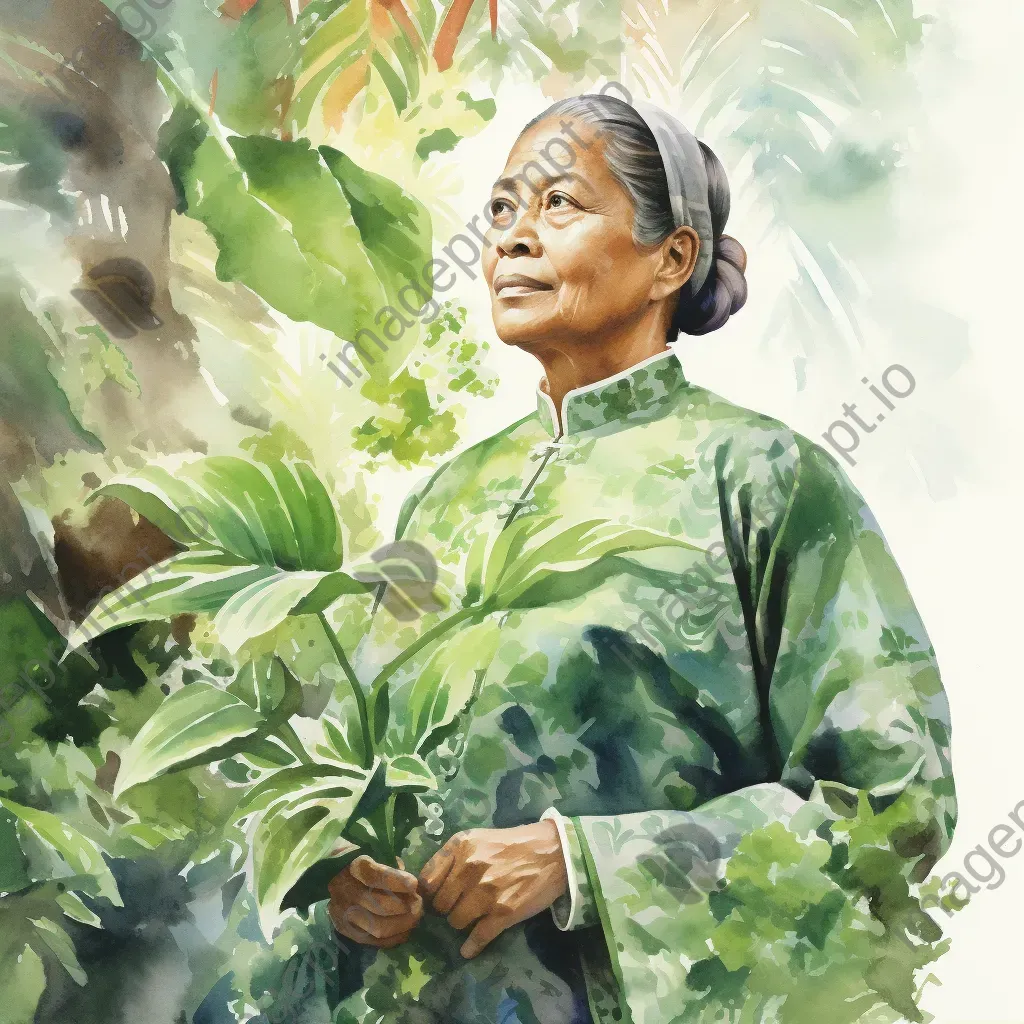 Serene watercolor portrait of Queen Liliʻuokalani amidst lush tropical flora - Image 1