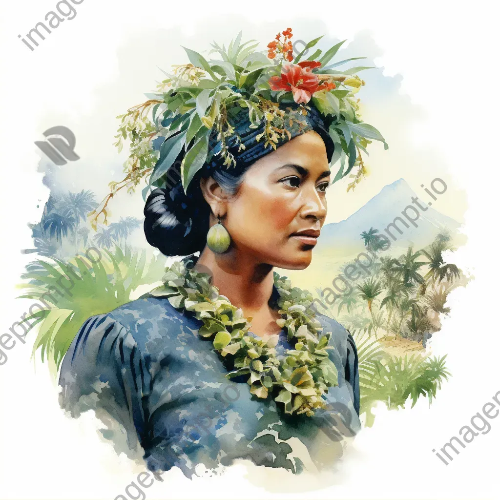 Serene watercolor portrait of Queen Liliʻuokalani amidst lush tropical flora - Image 2