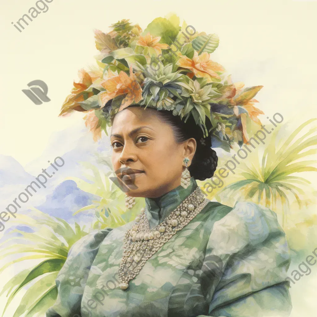 Serene watercolor portrait of Queen Liliʻuokalani amidst lush tropical flora - Image 3