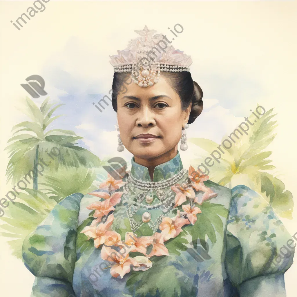 Serene watercolor portrait of Queen Liliʻuokalani amidst lush tropical flora - Image 4
