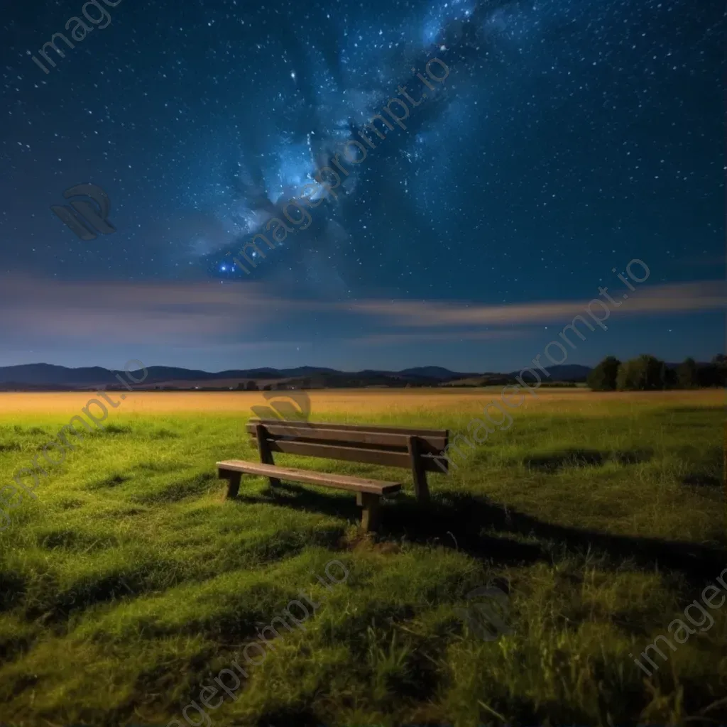 Lonely bench in meadow under starry sky shot on Canon EOS 5D Mark IV - Image 1