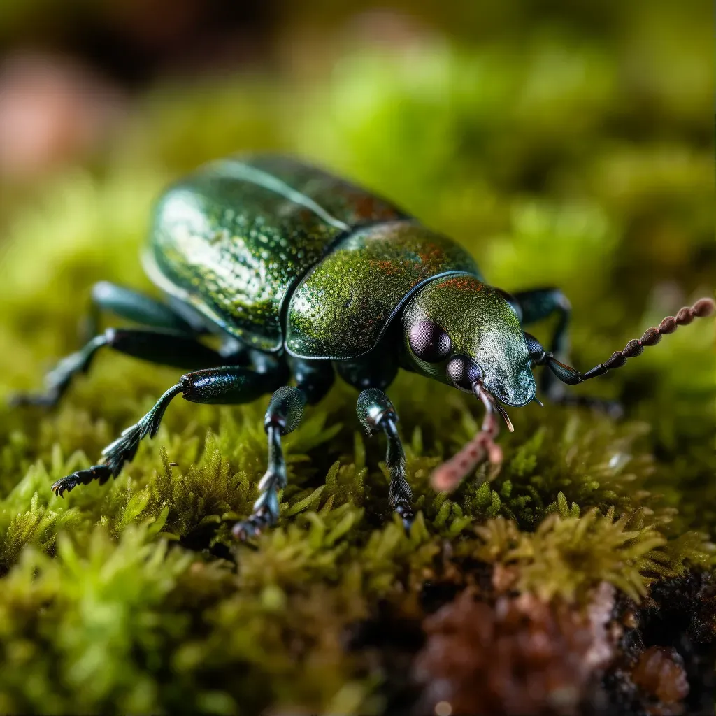 Beetle crawling on moss in close-up view - Image 1