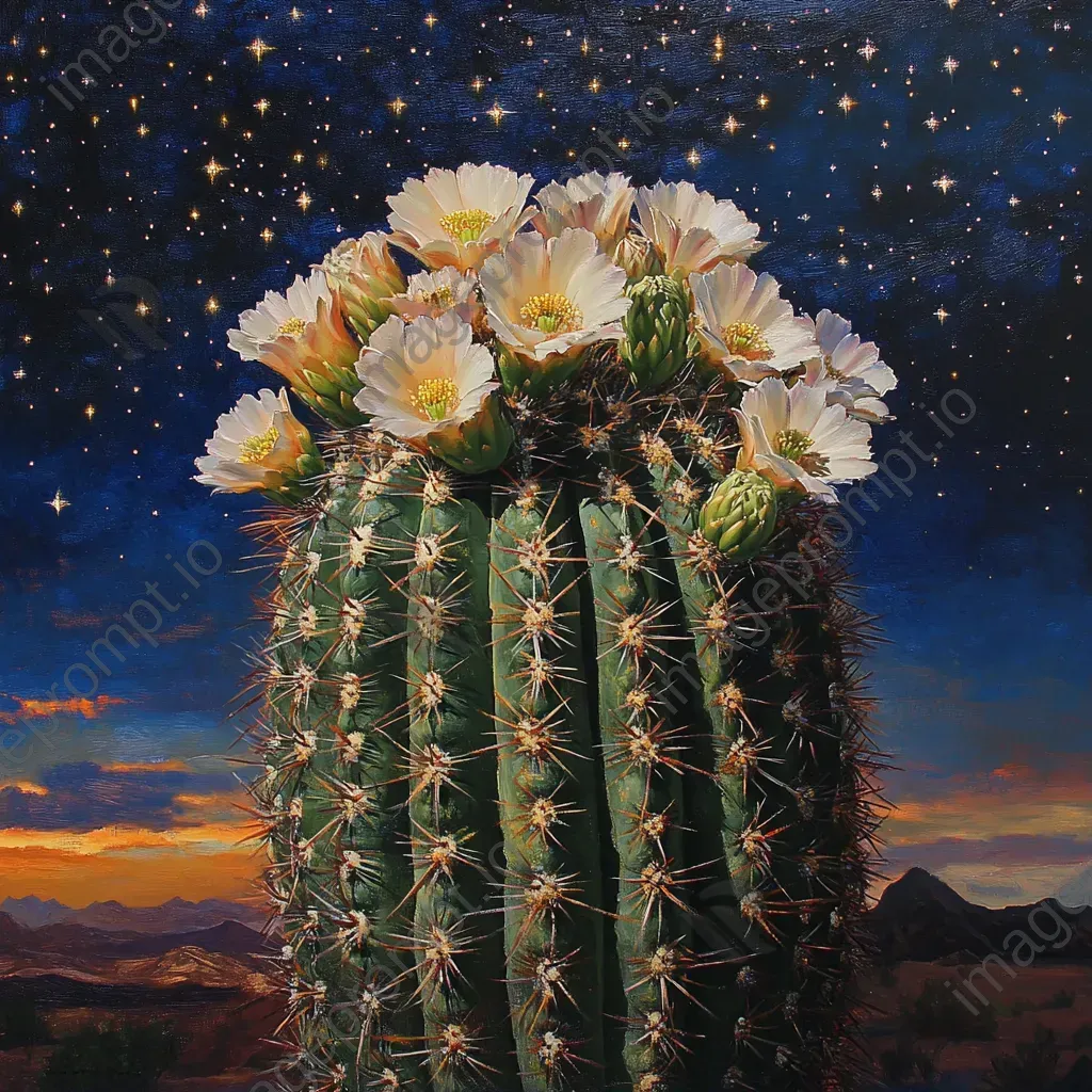 Chiaroscuro oil painting of a blooming cactus under a star-filled desert sky - Image 1