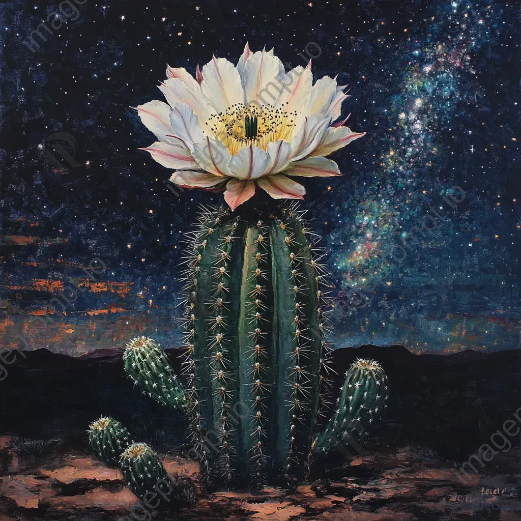 Chiaroscuro oil painting of a blooming cactus under a star-filled desert sky - Image 2