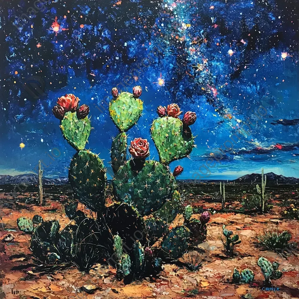 Chiaroscuro oil painting of a blooming cactus under a star-filled desert sky - Image 3