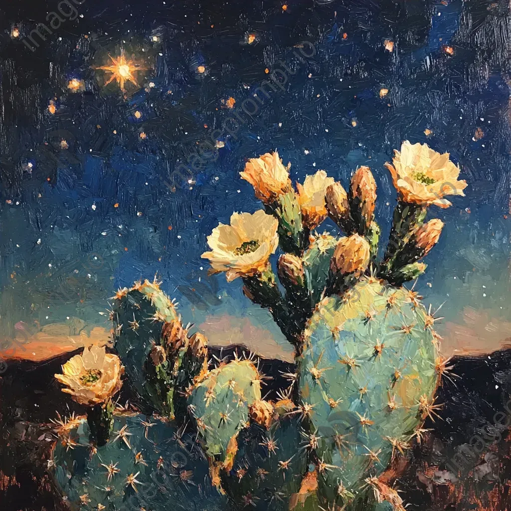 Chiaroscuro oil painting of a blooming cactus under a star-filled desert sky - Image 4