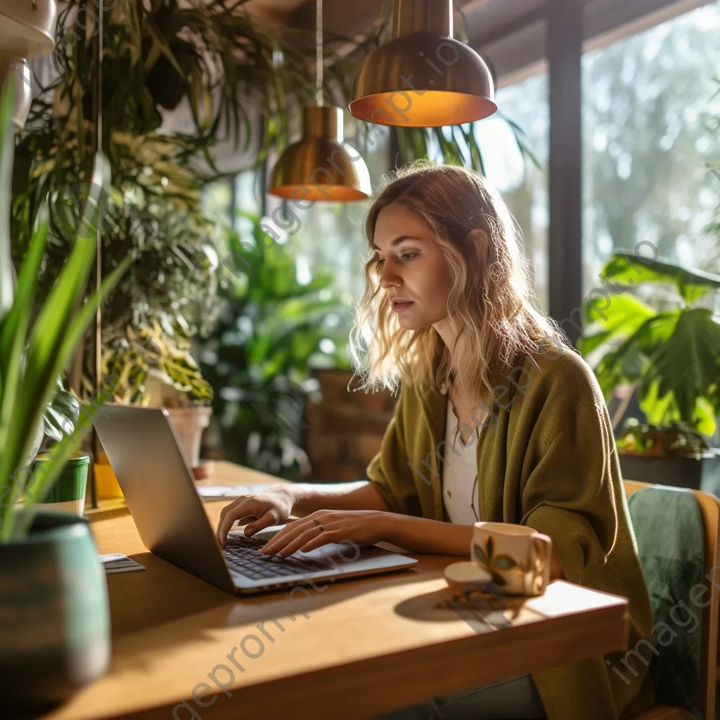 Young woman coding on a laptop in a stylish coworking space. - Image 1