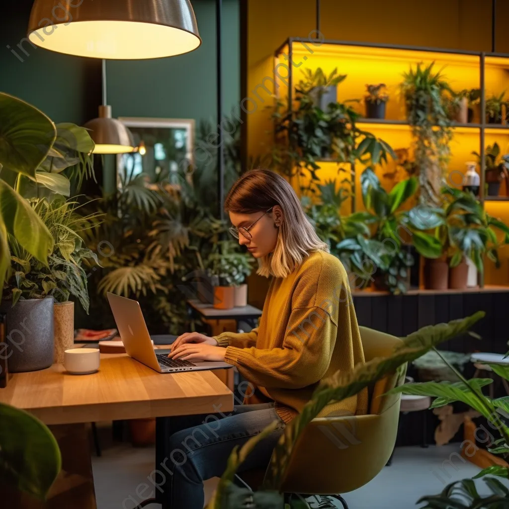 Young woman coding on a laptop in a stylish coworking space. - Image 4