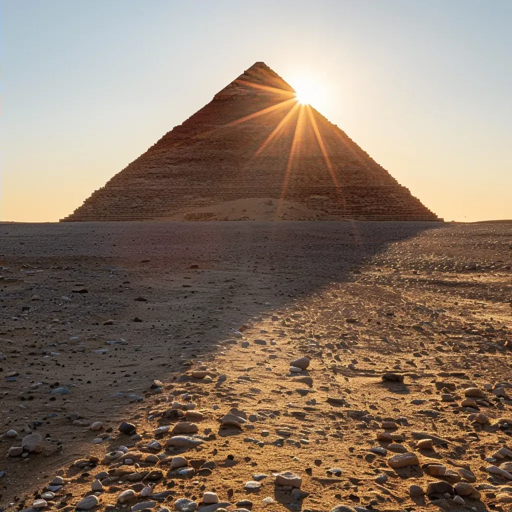 Ancient Egyptian pyramid casting shadows in the desert at sunset - Image 2