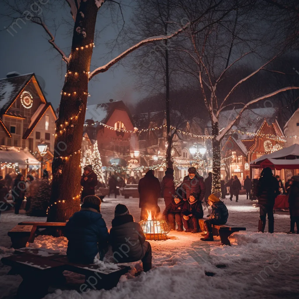 Families enjoying a winter festival in a snow-covered town square - Image 1