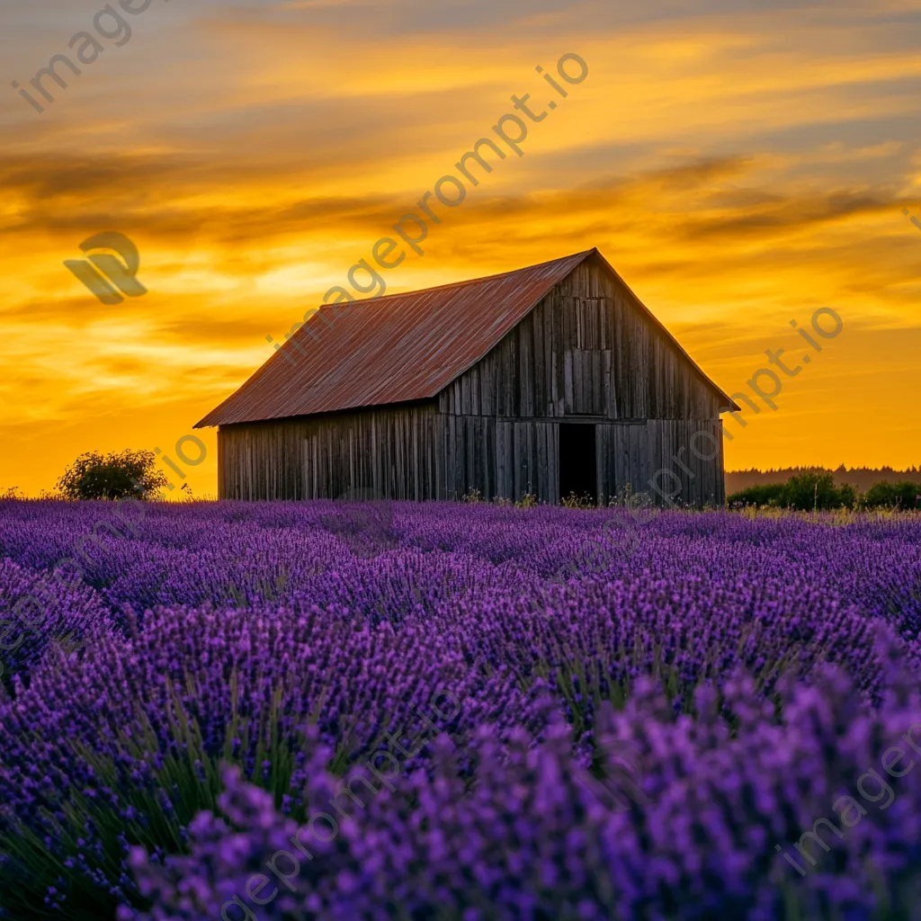 Silhouette of a barn in lavender fields during sunset. - Image 1