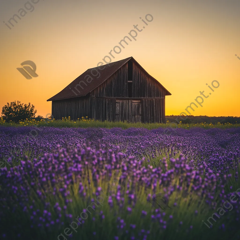 Silhouette of a barn in lavender fields during sunset. - Image 2