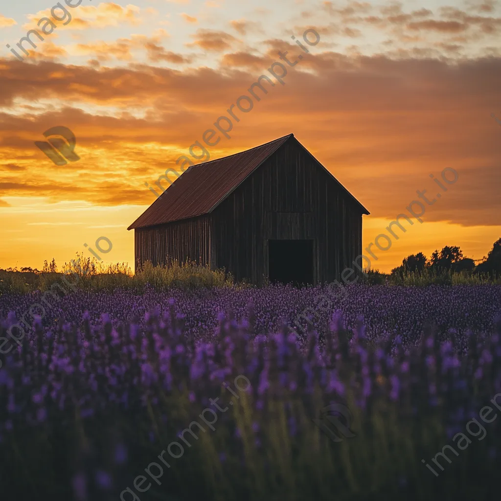 Silhouette of a barn in lavender fields during sunset. - Image 3