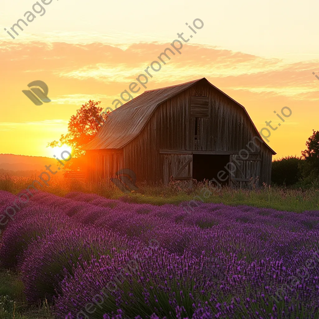 Silhouette of a barn in lavender fields during sunset. - Image 4