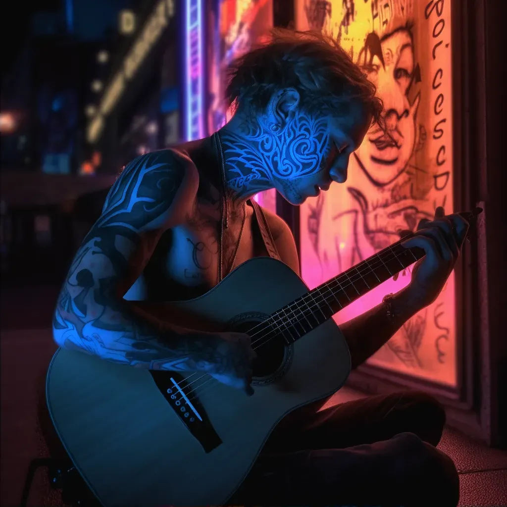 Tattooed Youth Playing Guitar under Neon Streetlight - Image Generated - Image 2