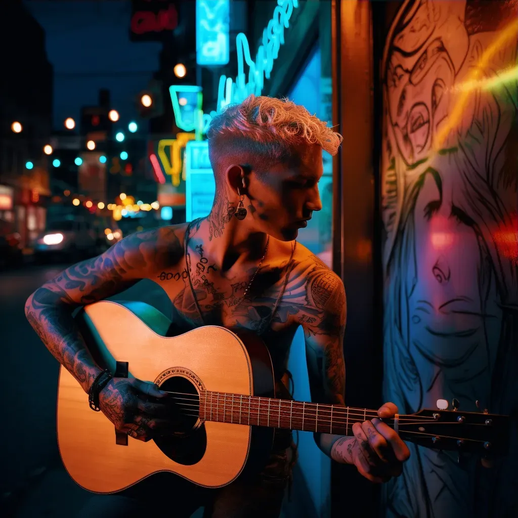 Tattooed Youth Playing Guitar under Neon Streetlight - Image Generated - Image 3