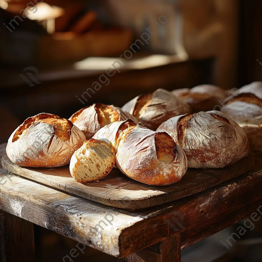 Artisan bread cooling on a wooden board in a cozy kitchen - Image 1