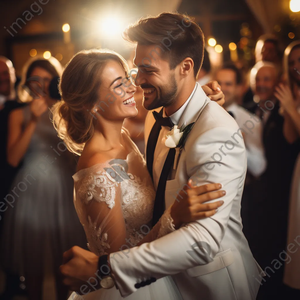 Couple sharing their first dance during wedding celebration. - Image 1