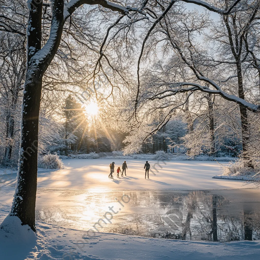 Family ice skating on a frozen lake in a winter landscape - Image 1