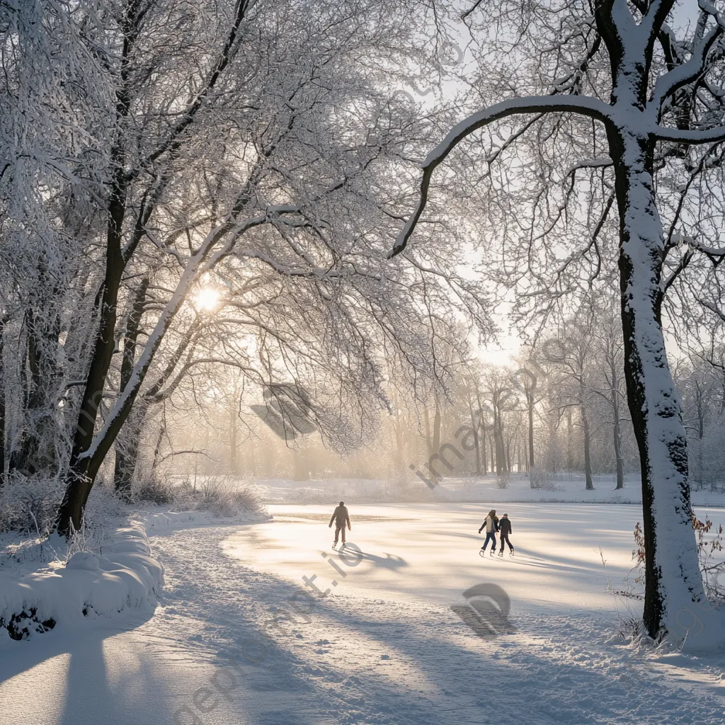 Family ice skating on a frozen lake in a winter landscape - Image 2