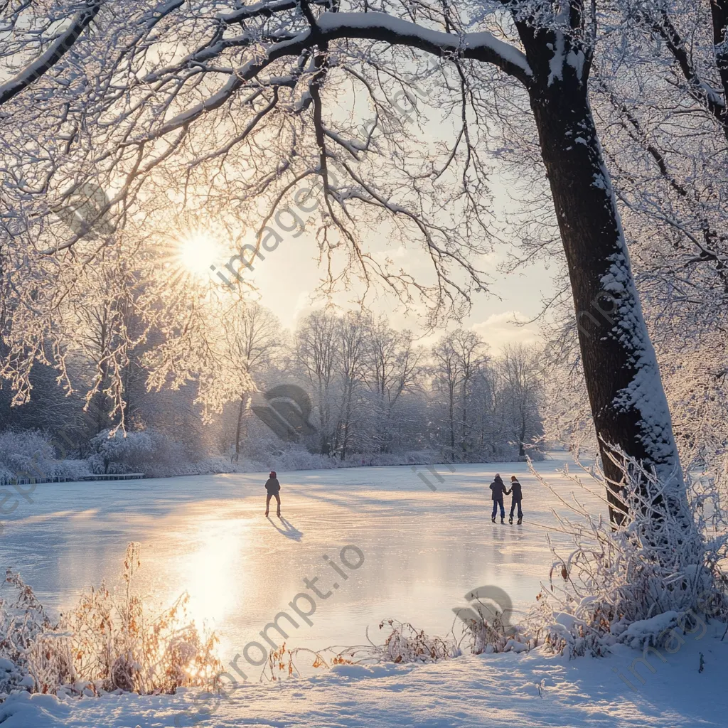 Family ice skating on a frozen lake in a winter landscape - Image 3