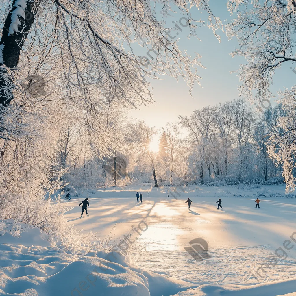 Family ice skating on a frozen lake in a winter landscape - Image 4