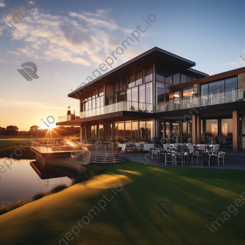 Luxury golf clubhouse overlooking greens at sunset - Image 1