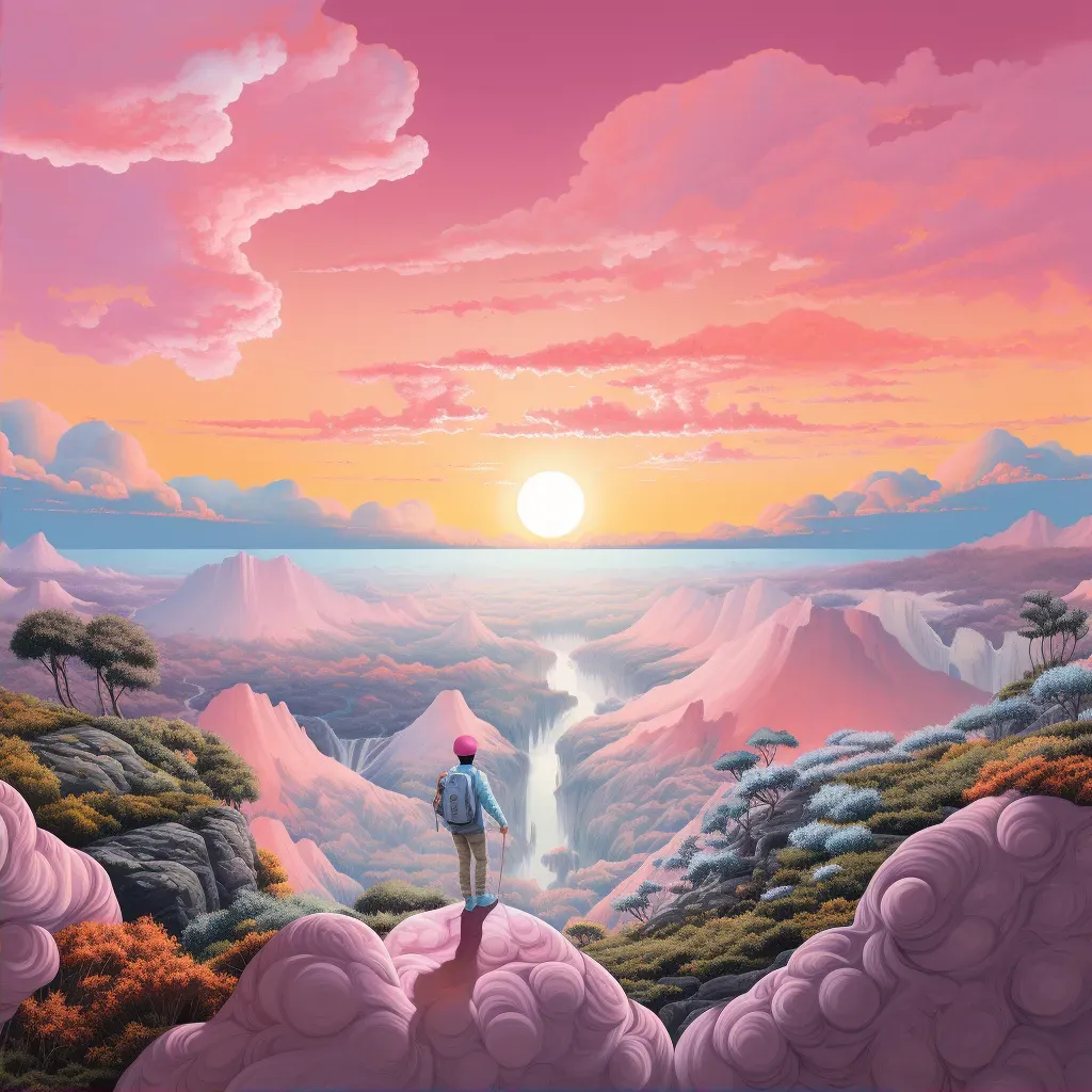 Hiker on rocky cliff overlooking a lush valley during a pastel sunset - Image 2