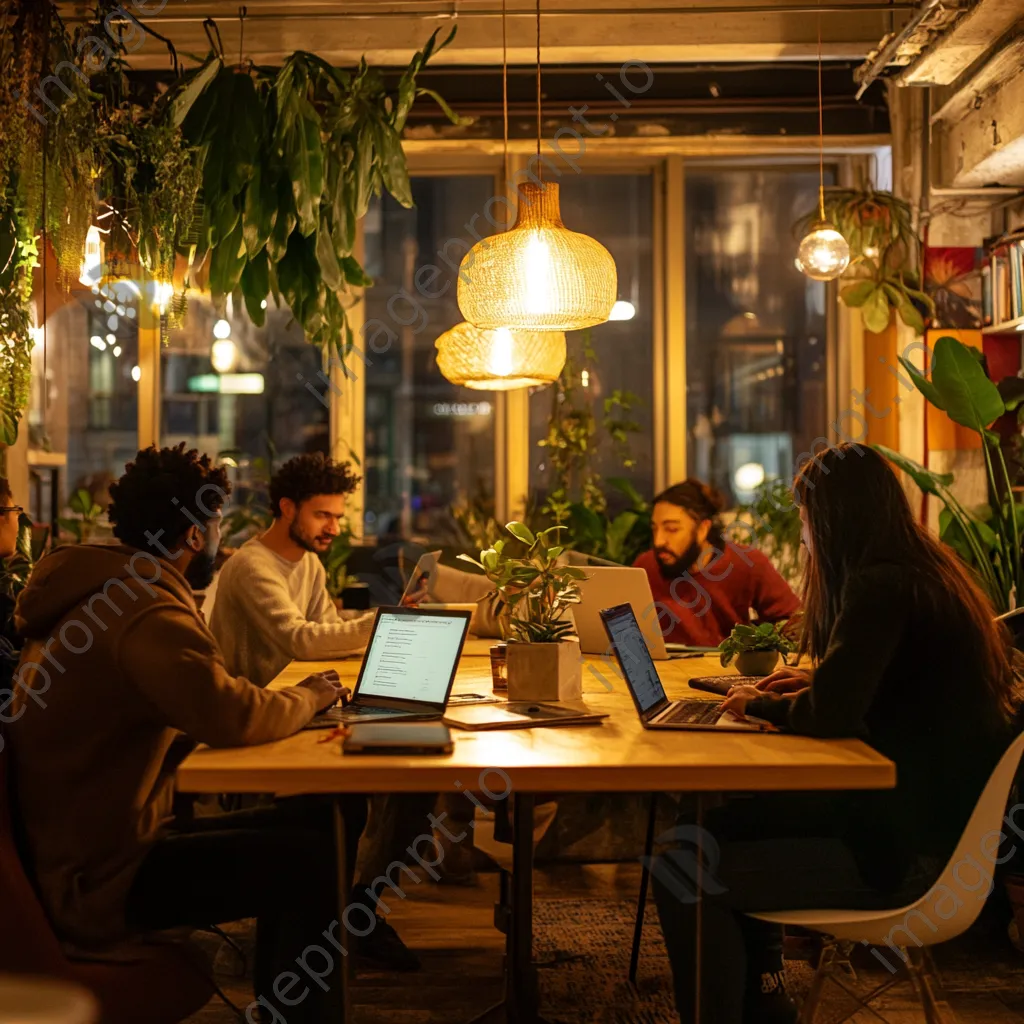 Diverse group in coworking space with laptops collaborating - Image 1